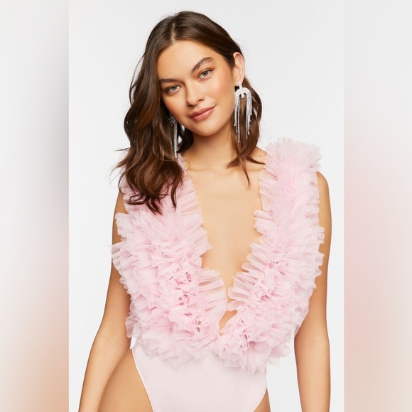 Ruffle tulle plunging neckline bodysuit nwot - Picture 1 of 6